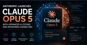 Feature image highlighting Anthropic's Claude Opus 5 AI model with coding interfaces, reasoning workflow graphics, and software development visuals representing advanced AI coding and reasoning capabilities.
