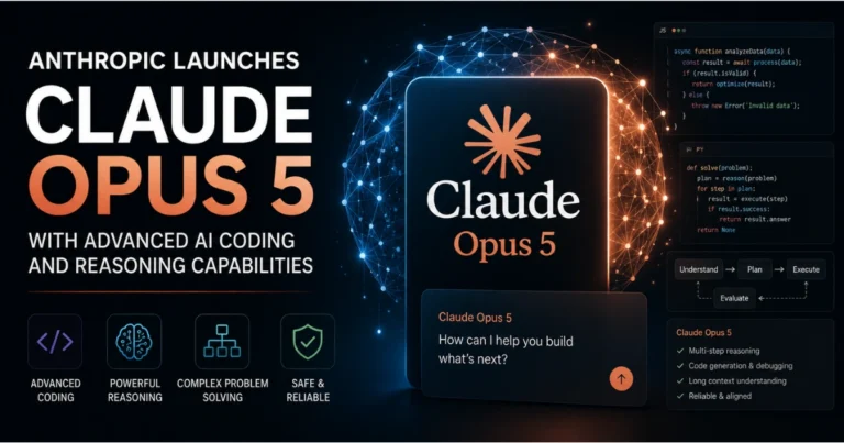 Feature image highlighting Anthropic's Claude Opus 5 AI model with coding interfaces, reasoning workflow graphics, and software development visuals representing advanced AI coding and reasoning capabilities.