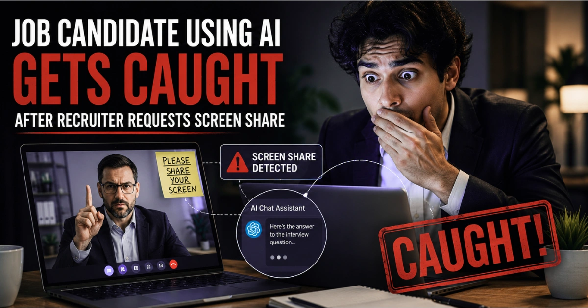 Feature image showing a job candidate appearing surprised during a remote interview after a recruiter requests a screen share, revealing AI assistance on the laptop and highlighting concerns about AI use in hiring.