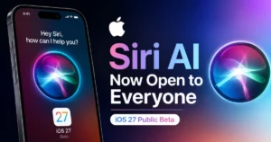 Apple iPhone displaying Siri AI alongside iOS 27 Public Beta branding, highlighting Apple's public release of its upgraded Siri AI features in iOS 27.