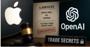 "Editorial illustration showing Apple and OpenAI logos with a judge's gavel and lawsuit documents, representing Apple's alleged trade secret theft lawsuit against OpenAI."