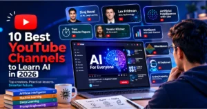 Person watching AI tutorials on YouTube with a laptop displaying educational AI content and featured AI YouTube channels for learning artificial intelligence in 2026.