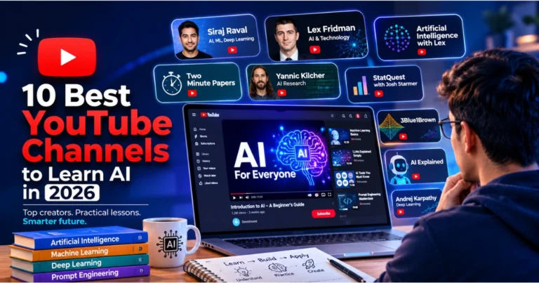 Person watching AI tutorials on YouTube with a laptop displaying educational AI content and featured AI YouTube channels for learning artificial intelligence in 2026.