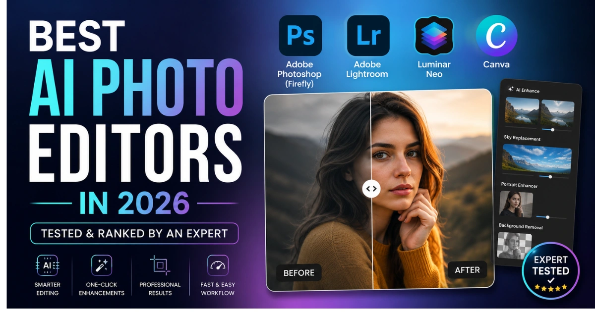Best AI Photo Editors in 2026 feature image showing Adobe Photoshop (Firefly), Adobe Lightroom, Luminar Neo, and Canva with an AI-enhanced before-and-after photo comparison.