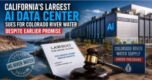 AI data center beside the Colorado River and a desert dam, with a lawsuit document and water graphics illustrating California’s largest AI data center seeking Colorado River water despite an earlier conservation promise.