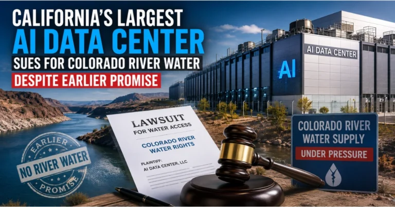 AI data center beside the Colorado River and a desert dam, with a lawsuit document and water graphics illustrating California’s largest AI data center seeking Colorado River water despite an earlier conservation promise.