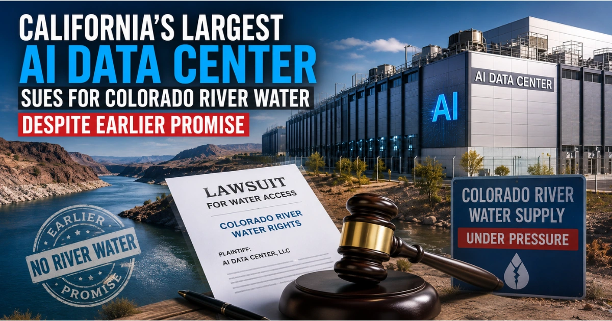 AI data center beside the Colorado River and a desert dam, with a lawsuit document and water graphics illustrating California’s largest AI data center seeking Colorado River water despite an earlier conservation promise.