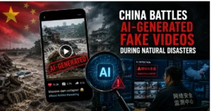 Illustration of severe flooding in China alongside a smartphone displaying an AI-generated disaster video and a digital monitoring center detecting fake content, representing China's efforts to combat AI-generated misinformation during natural disasters.
