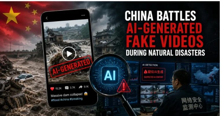 Illustration of severe flooding in China alongside a smartphone displaying an AI-generated disaster video and a digital monitoring center detecting fake content, representing China's efforts to combat AI-generated misinformation during natural disasters.