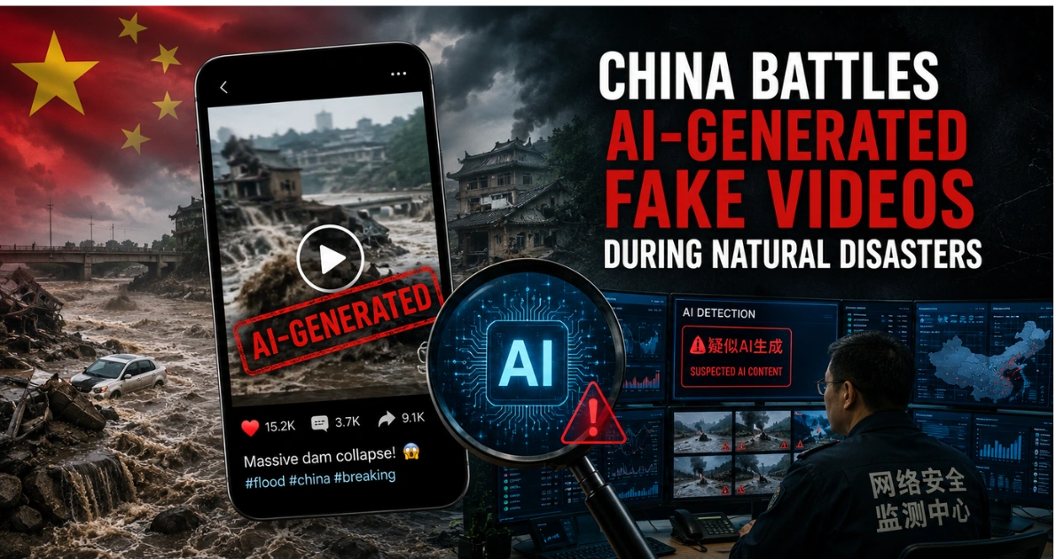 Illustration of severe flooding in China alongside a smartphone displaying an AI-generated disaster video and a digital monitoring center detecting fake content, representing China's efforts to combat AI-generated misinformation during natural disasters.