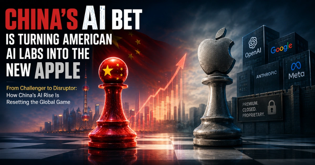 Conceptual illustration of China’s rising AI industry challenging American AI labs, featuring Chinese and US symbols, AI company buildings, a chessboard, and an Apple-inspired figure representing the shift in global AI competition.