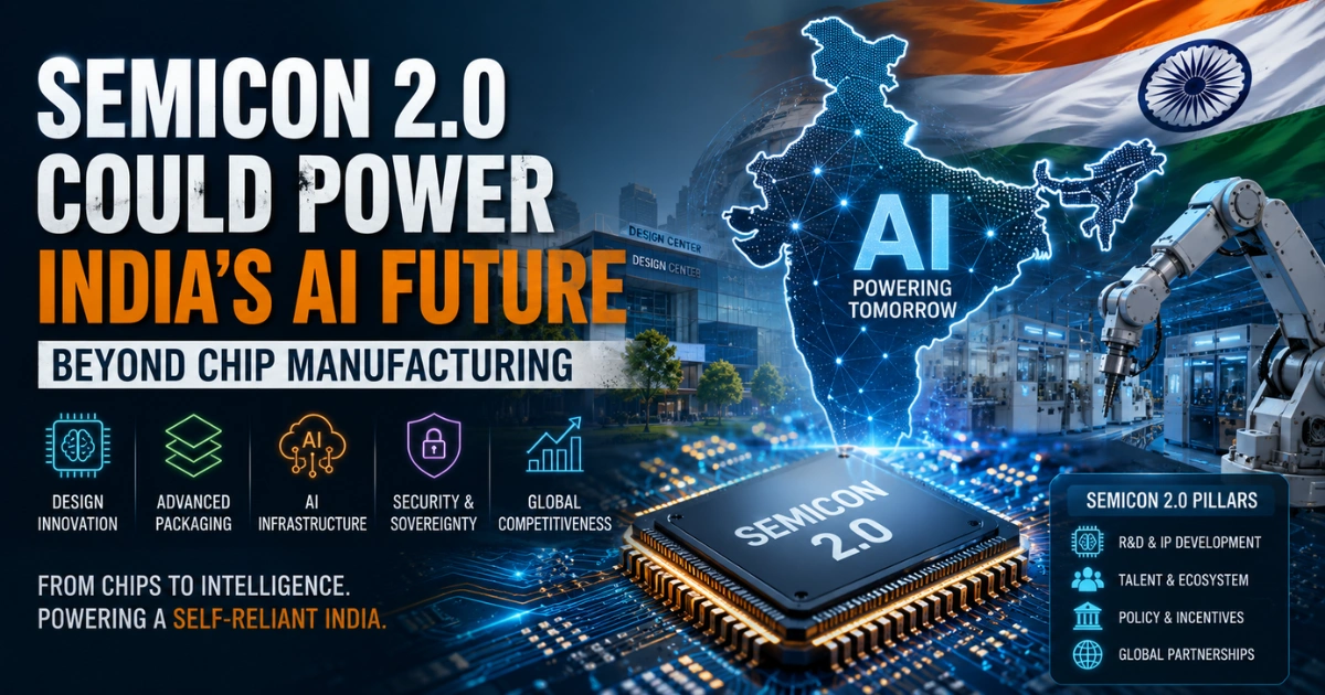 Feature image illustrating India's Semicon 2.0 vision, featuring a semiconductor chip, AI-powered India map, advanced chip manufacturing, robotics, and digital infrastructure representing the country's next phase of AI and semiconductor innovation.