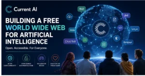 Feature image illustrating Current AI's vision for a free, open global AI network, featuring a connected digital globe, multilingual communication, open AI infrastructure, and inclusive artificial intelligence access worldwide.