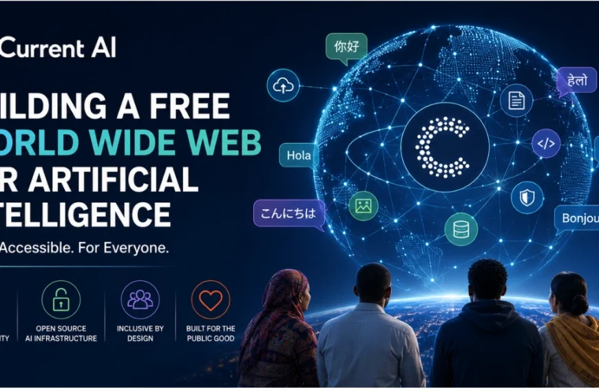 Feature image illustrating Current AI's vision for a free, open global AI network, featuring a connected digital globe, multilingual communication, open AI infrastructure, and inclusive artificial intelligence access worldwide.
