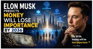Futuristic illustration of Elon Musk overlooking an AI-powered city as digital technology, robots, and fading dollar bills symbolize his prediction that money could become less important by 2036 due to advances in artificial intelligence and automation.