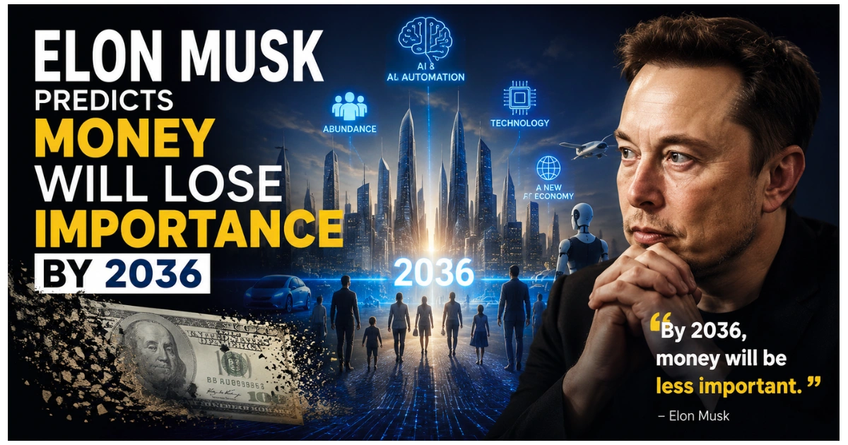 Futuristic illustration of Elon Musk overlooking an AI-powered city as digital technology, robots, and fading dollar bills symbolize his prediction that money could become less important by 2036 due to advances in artificial intelligence and automation.