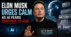 Feature image of Elon Musk with AI robot graphics and warning symbols, illustrating his call for calm amid growing public concerns over artificial intelligence and its future impact.