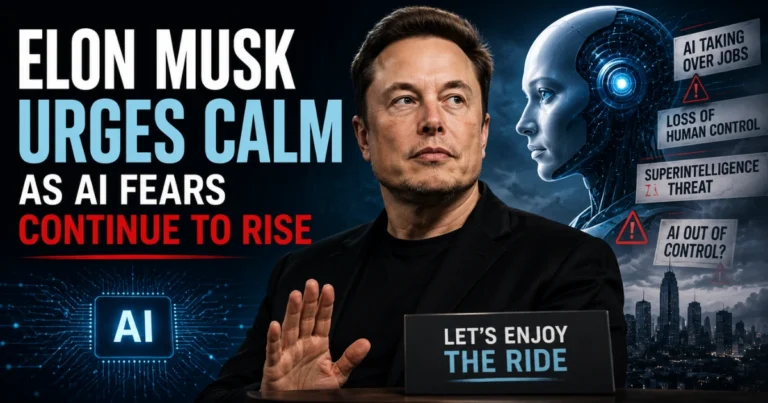 Feature image of Elon Musk with AI robot graphics and warning symbols, illustrating his call for calm amid growing public concerns over artificial intelligence and its future impact.