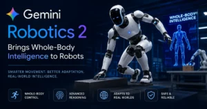 Gemini Robotics 2 humanoid robot demonstrating whole-body intelligence in a futuristic laboratory, highlighting smarter movement, advanced reasoning, real-world adaptation, and robotic control.