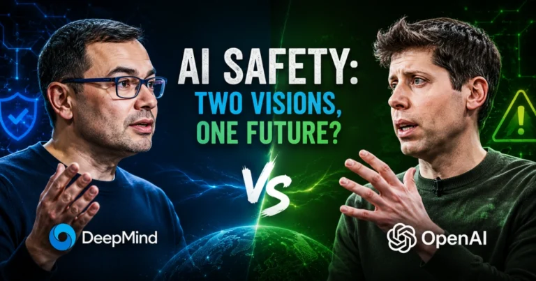 Google DeepMind CEO Demis Hassabis and OpenAI CEO Sam Altman debate AI safety, with “AI Safety: Two Visions, One Future?” headline and contrasting security and risk themes.