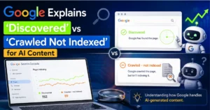 Google Search Console illustration comparing “Discovered” and “Crawled – Not Indexed” statuses for AI-generated content with indexing, search, and SEO graphics.