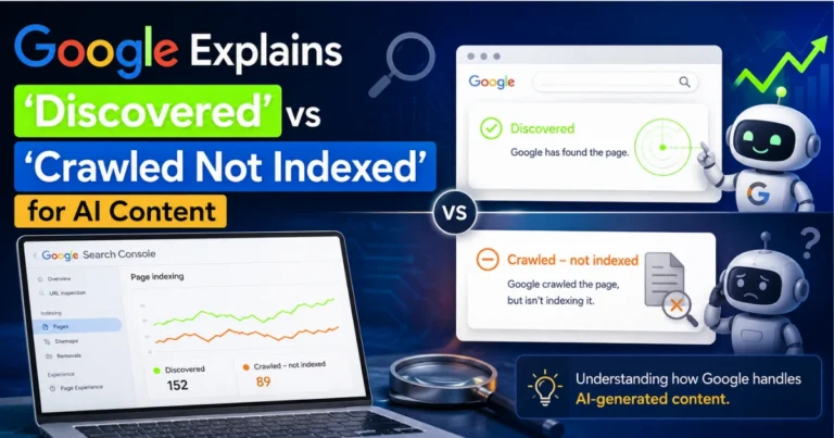 Google Search Console illustration comparing “Discovered” and “Crawled – Not Indexed” statuses for AI-generated content with indexing, search, and SEO graphics.