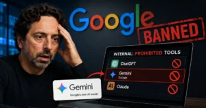 Google-themed illustration showing a shocked tech executive looking at an internal laptop screen where Google's Gemini AI appears on a prohibited tools list, highlighting the controversy over Gemini being listed among banned software.