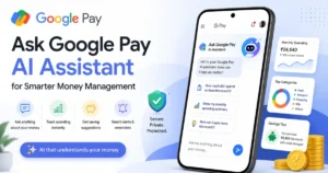 Illustration of the Ask Google Pay AI Assistant on a smartphone displaying spending insights, budgeting suggestions, savings tips, and financial management features with Google Pay branding.