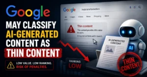 Conceptual illustration of Google Search flagging AI-generated content as thin content, with warning symbols, declining search rankings, and an AI document representing SEO quality concerns.