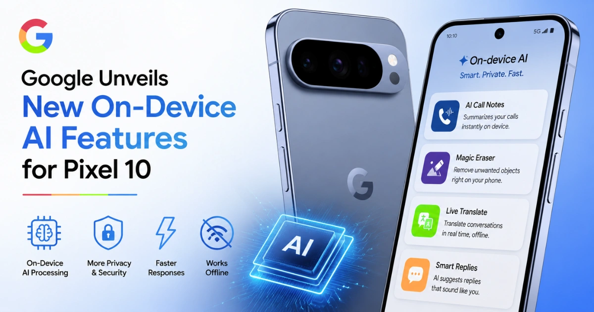 Google Pixel 10 smartphone showcasing new on-device AI features, highlighting privacy-focused AI processing, offline capabilities, and faster AI performance.