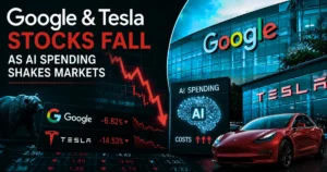 Feature image showing Google and Tesla headquarters, a falling stock market chart, and AI spending graphics illustrating the impact of rising AI infrastructure costs on tech stock performance.