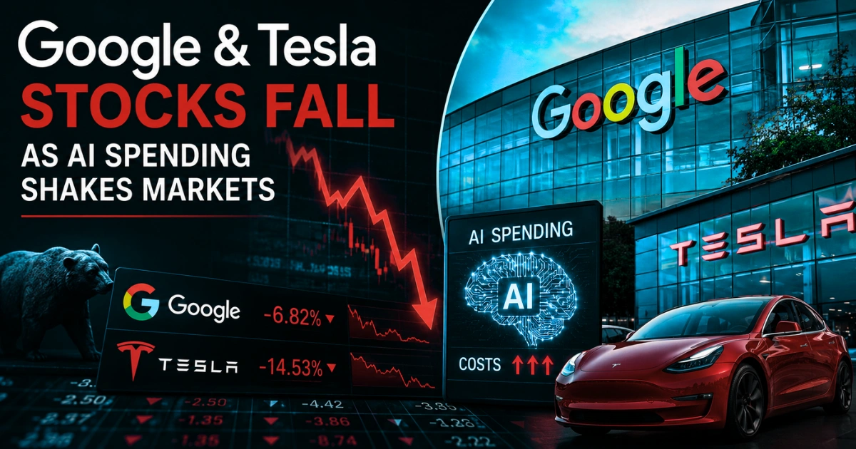 Feature image showing Google and Tesla headquarters, a falling stock market chart, and AI spending graphics illustrating the impact of rising AI infrastructure costs on tech stock performance.