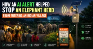 AI-powered wildlife detection system alerting an Indian village to an approaching elephant herd, with smart cameras, a mobile warning, and a solar-powered speaker helping protect the community.