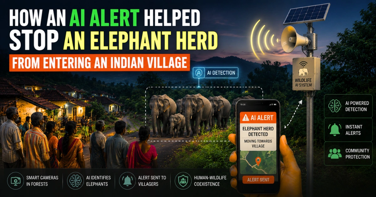AI-powered wildlife detection system alerting an Indian village to an approaching elephant herd, with smart cameras, a mobile warning, and a solar-powered speaker helping protect the community.