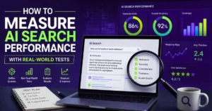 AI search performance dashboard displayed on a laptop with analytics charts, search quality metrics, and a magnifying glass, illustrating how to measure AI search performance using real-world testing.