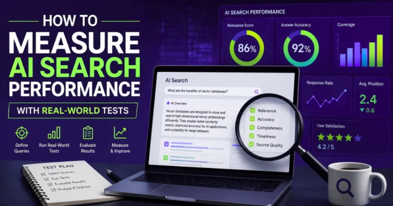 AI search performance dashboard displayed on a laptop with analytics charts, search quality metrics, and a magnifying glass, illustrating how to measure AI search performance using real-world testing.