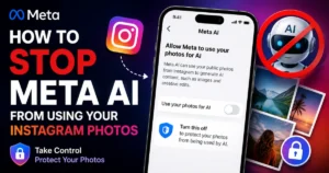 How to Stop Meta AI From Using Your Instagram Photos – smartphone displaying Meta AI privacy settings with Instagram logo, AI symbol, privacy shield, and stop sign highlighting how to disable AI access to your photos.