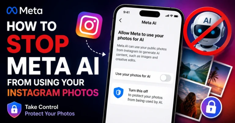 How to Stop Meta AI From Using Your Instagram Photos – smartphone displaying Meta AI privacy settings with Instagram logo, AI symbol, privacy shield, and stop sign highlighting how to disable AI access to your photos.