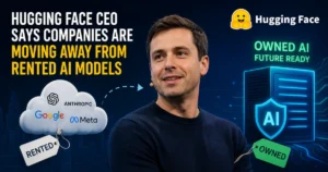 Hugging Face CEO Clément Delangue highlighting the shift from rented AI models to self-hosted enterprise AI infrastructure and open-source AI adoption.