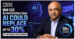 IBM CEO Arvind Krishna alongside an AI-themed graphic illustrating the claim that artificial intelligence could replace up to 30% of software development, with coding visuals and IBM branding in the background.