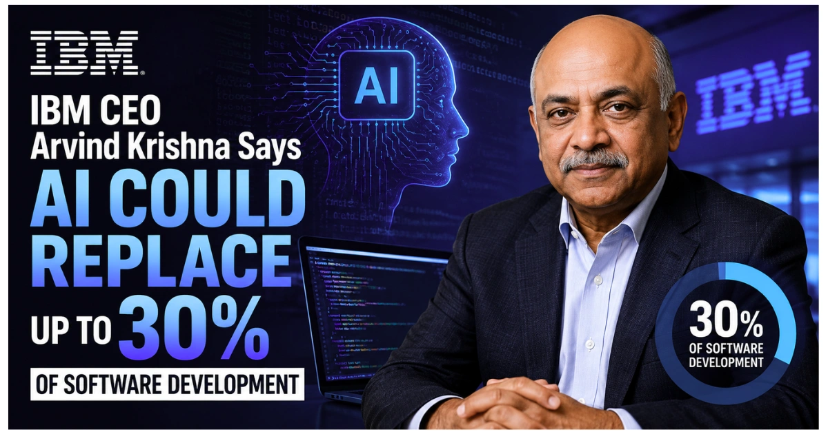 IBM CEO Arvind Krishna alongside an AI-themed graphic illustrating the claim that artificial intelligence could replace up to 30% of software development, with coding visuals and IBM branding in the background.
