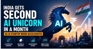 Illustration of India's AI startup boom featuring a digital unicorn, Indian flag, rising growth chart, and city skyline symbolizing the country's second AI unicorn and expanding AI ecosystem.