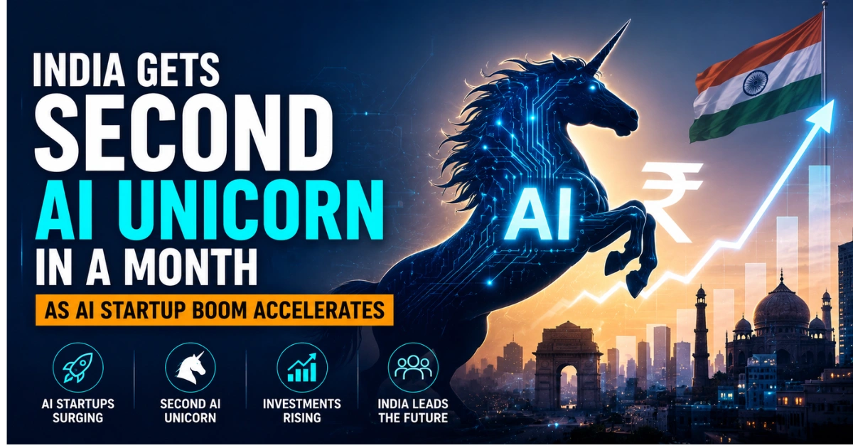 Illustration of India's AI startup boom featuring a digital unicorn, Indian flag, rising growth chart, and city skyline symbolizing the country's second AI unicorn and expanding AI ecosystem.