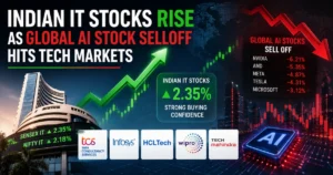 Illustration of rising Indian IT stocks alongside falling global AI technology stocks, featuring upward and downward market charts, AI chip graphics, and a stock exchange backdrop representing contrasting market trends.