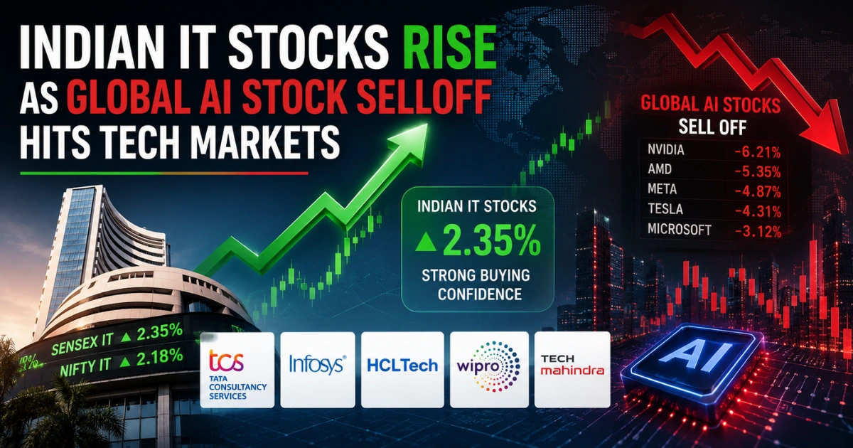 Illustration of rising Indian IT stocks alongside falling global AI technology stocks, featuring upward and downward market charts, AI chip graphics, and a stock exchange backdrop representing contrasting market trends.