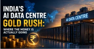India's AI data centre boom illustrated with server racks, a digital map of India, rising investment graph, and AI infrastructure highlighting the country's growing data centre investments.