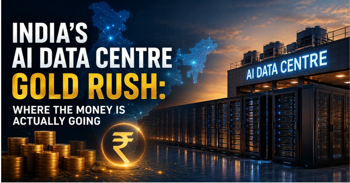 India's AI data centre boom illustrated with server racks, a digital map of India, rising investment graph, and AI infrastructure highlighting the country's growing data centre investments.