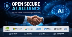 Futuristic illustration of industry leaders joining forces through a digital handshake with AI network and cybersecurity visuals, representing the launch of the Open Secure AI Alliance to strengthen AI safety, security, and responsible artificial intelligence development.