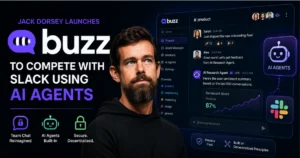 Illustration of Jack Dorsey launching Buzz, an AI-powered team chat platform, featuring AI agents, collaborative messaging interface, and Slack-inspired workplace communication tools.
