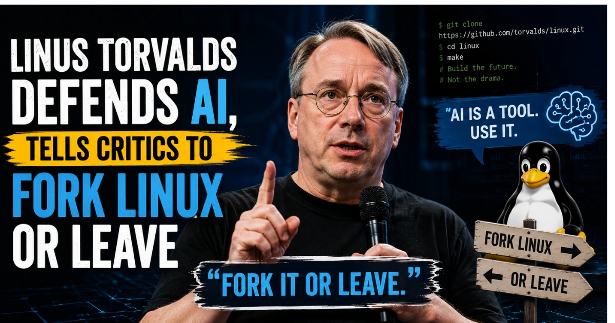 Linus Torvalds speaking alongside Linux and AI-themed graphics, illustrating his defense of AI use in Linux development and response to critics urging them to fork Linux or leave.